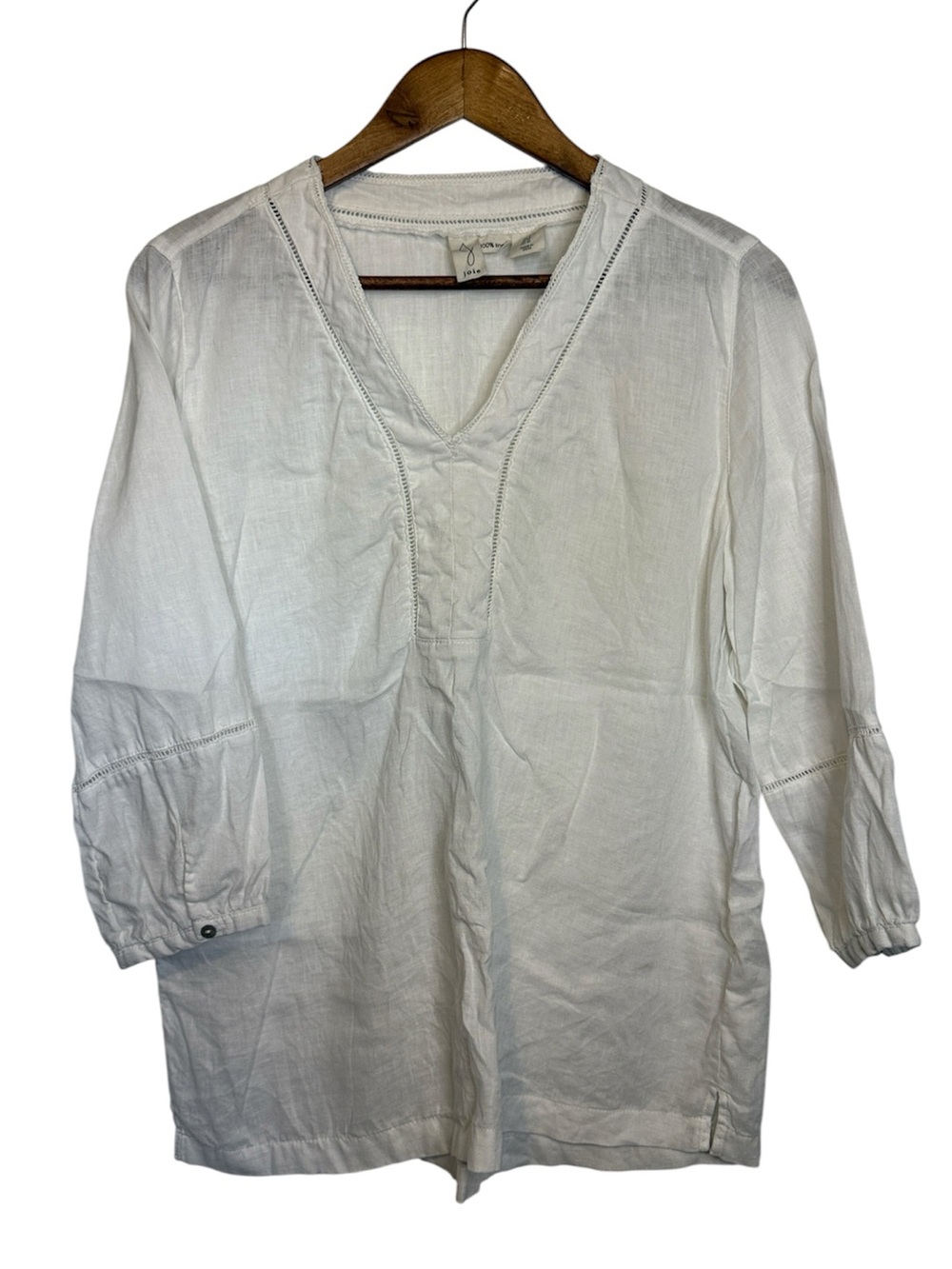 Joie 100% Linen 3/4 Sleeve Blouse Crochet Cutouts V-Neck Lightweight White M